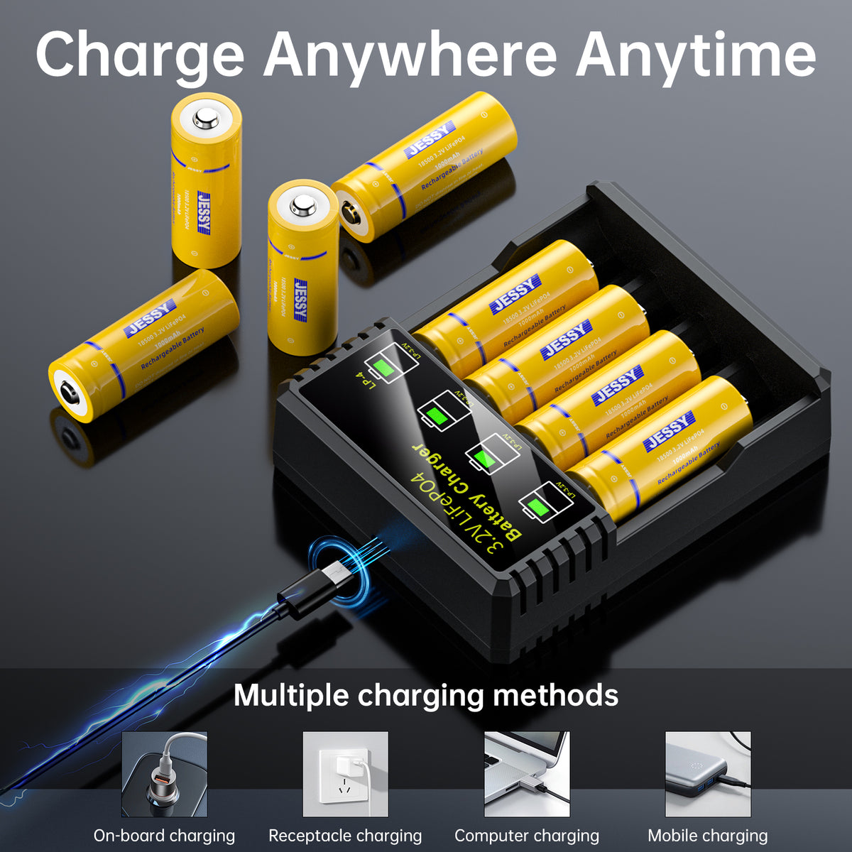 4-Pack 18500 3.2V Rechargeable Battery with Charger