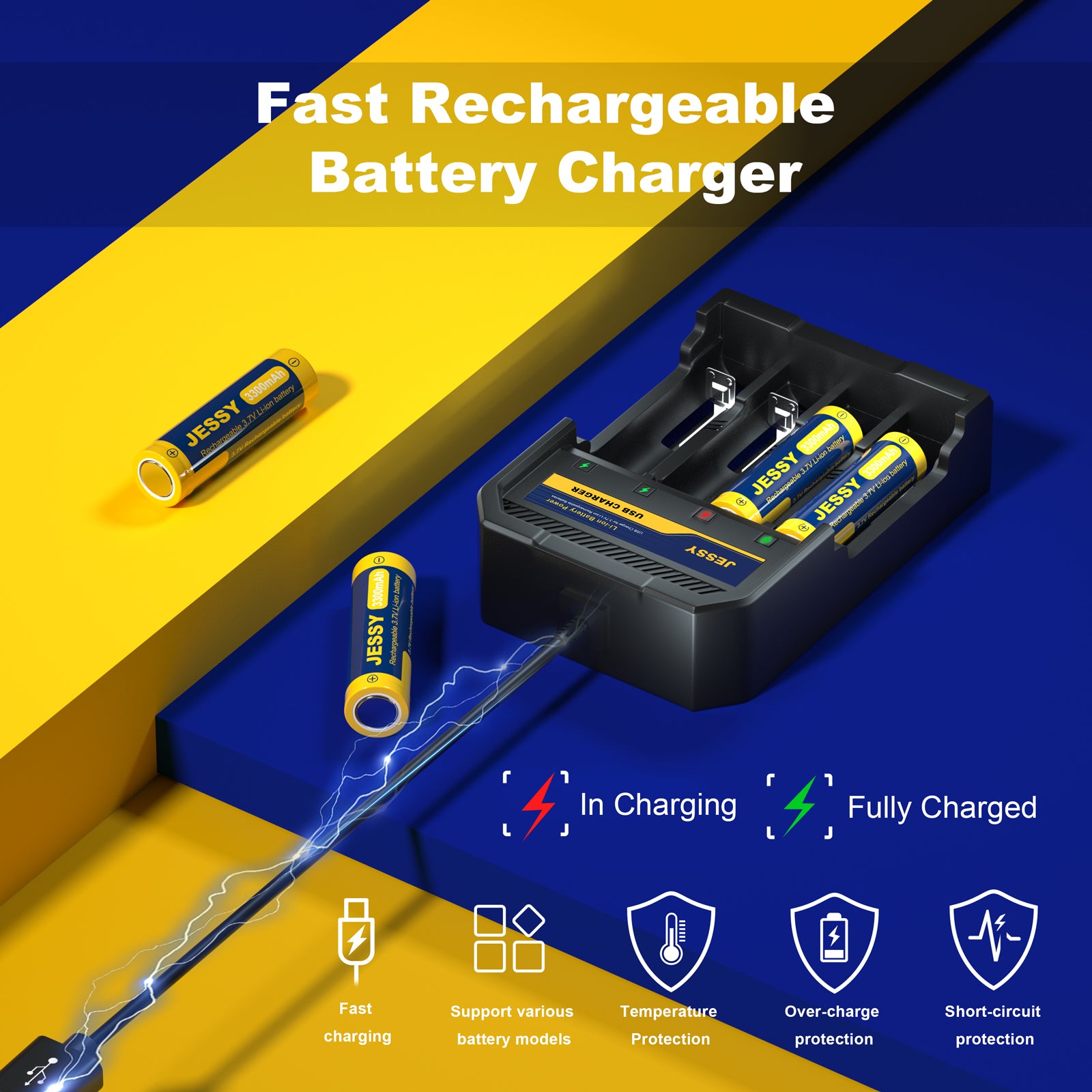 6 Pack 18650 Rechargeable Battery Flat Top with Charger
