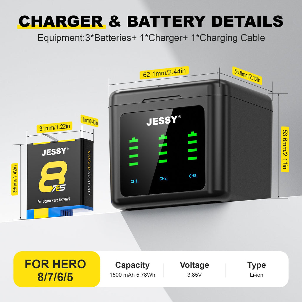 JESSY 1500mAh Battery Kit for GoPro HERO 8/7/6/5 Black – 3-Pack Rechargeable Batteries with USB Triple Charging Case - JESSY Battery