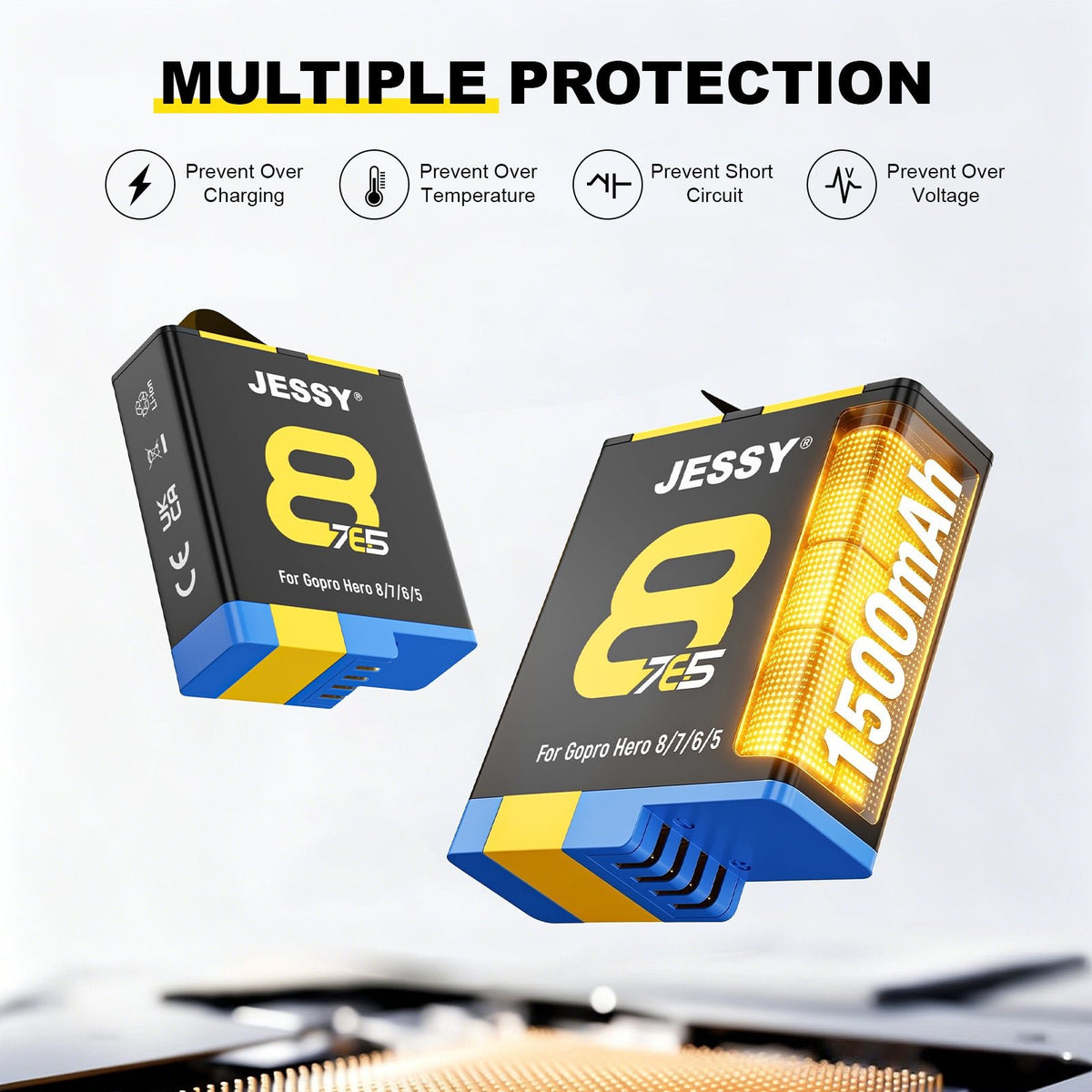 JESSY 1500mAh Battery Kit for GoPro HERO 8/7/6/5 Black – 3-Pack Rechargeable Batteries with USB Triple Charging Case - JESSY Battery