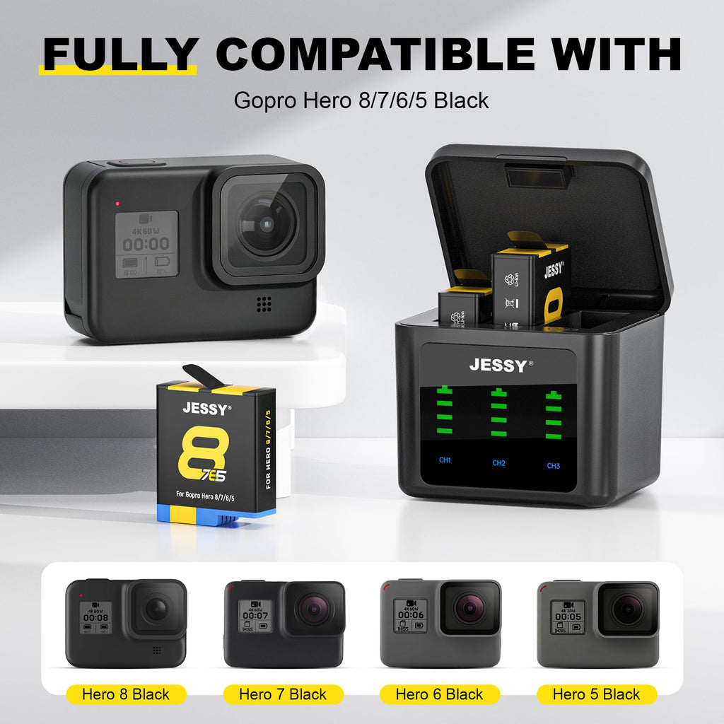 JESSY 1500mAh Battery Kit for GoPro HERO 8/7/6/5 Black – 3-Pack Rechargeable Batteries with USB Triple Charging Case - JESSY Battery