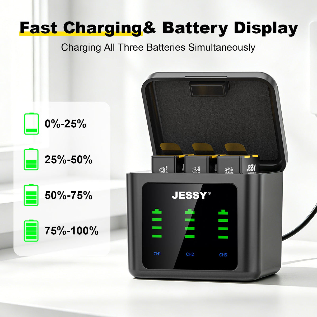 JESSY 1500mAh Battery Kit for GoPro HERO 8/7/6/5 Black – 3-Pack Rechargeable Batteries with USB Triple Charging Case - JESSY Battery