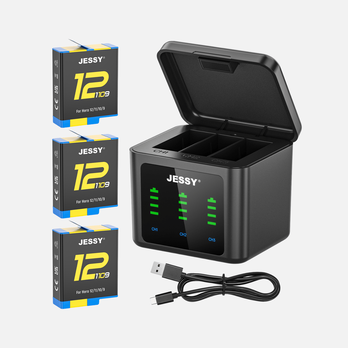 JESSY 2000mAh Battery Kit for GoPro HERO 12/11/10/9 – 3-Pack Rechargeable Batteries with USB-C Triple Charging Case - JESSY Battery