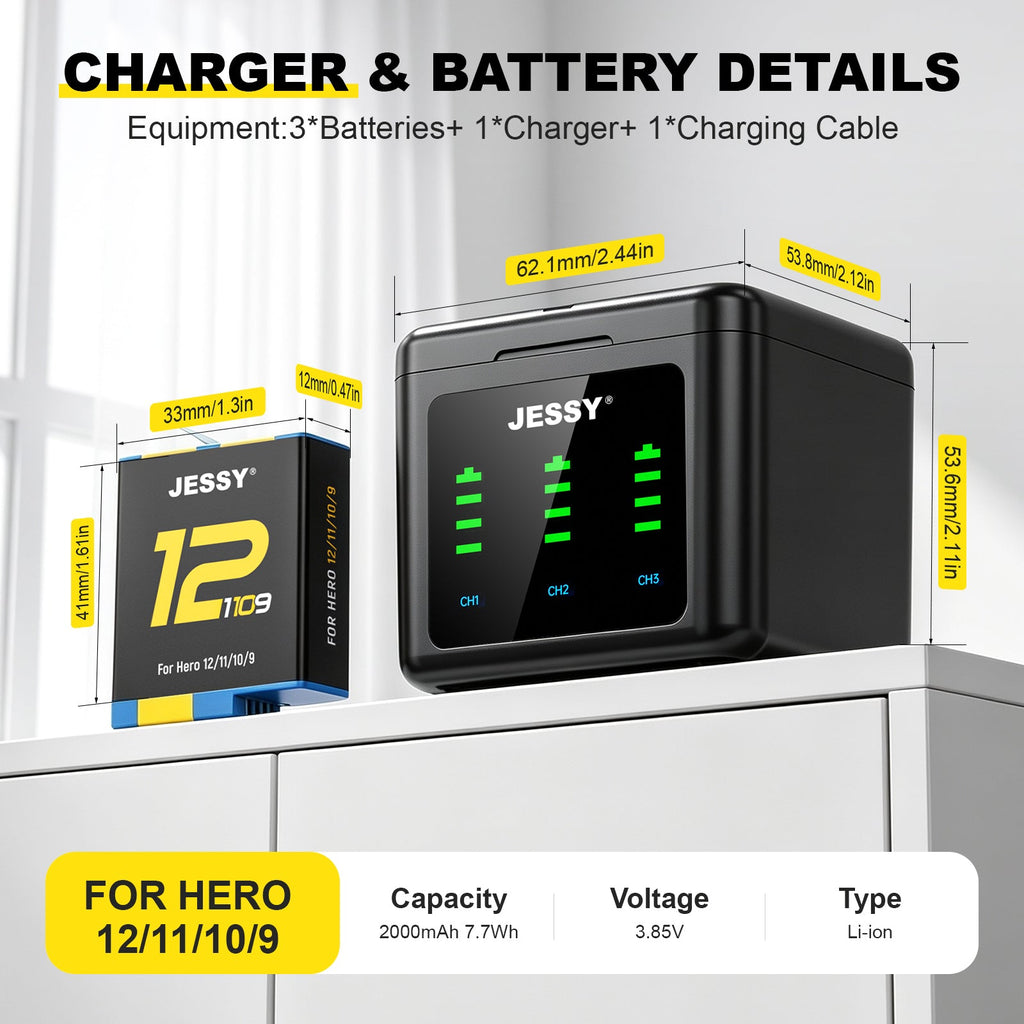 JESSY 2000mAh Battery Kit for GoPro HERO 12/11/10/9 – 3-Pack Rechargeable Batteries with USB-C Triple Charging Case - JESSY Battery