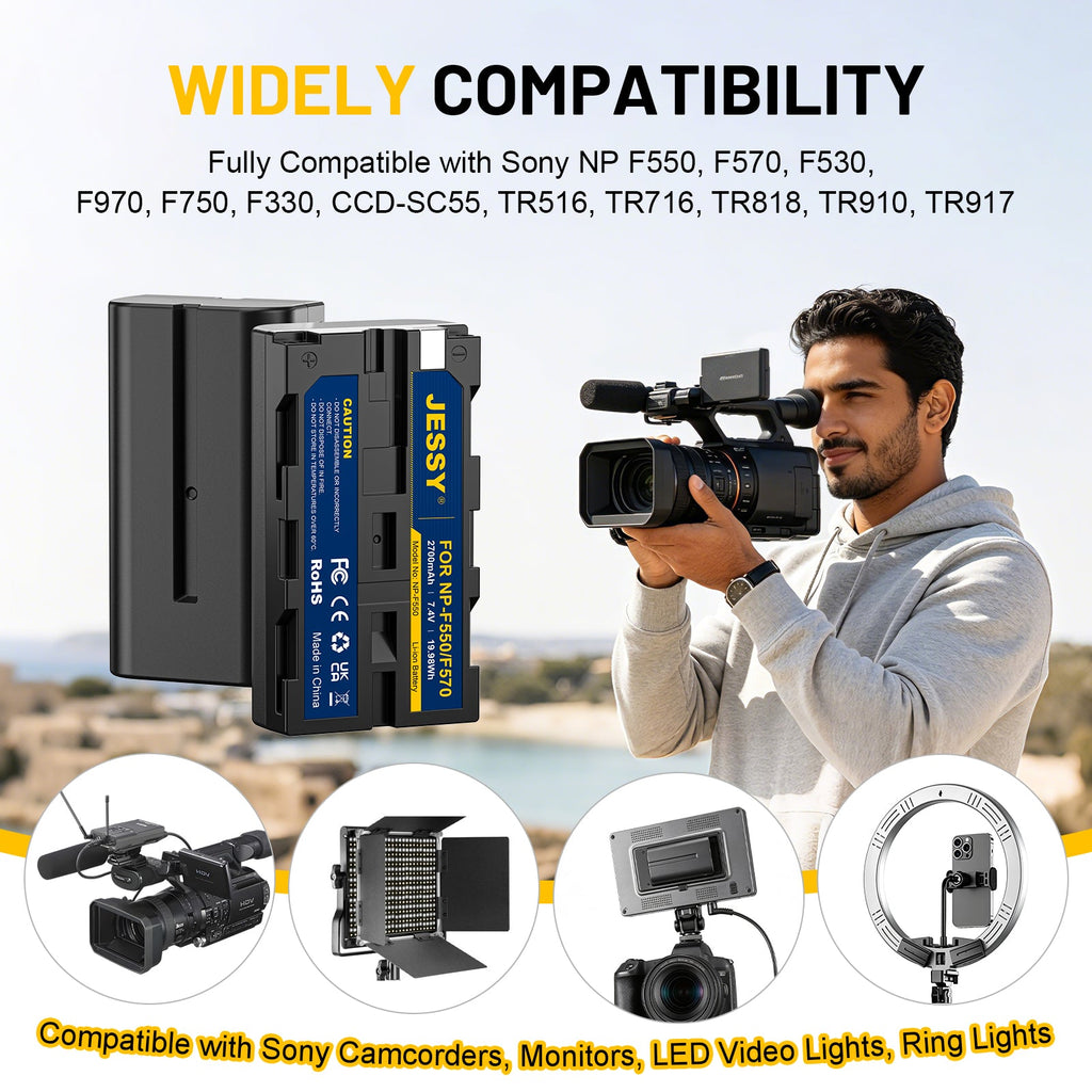 JESSY NP-F550 Battery Kit – 2-Pack Rechargeable Batteries with Wall Charger for Sony Cameras & LED Lights - JESSY Battery