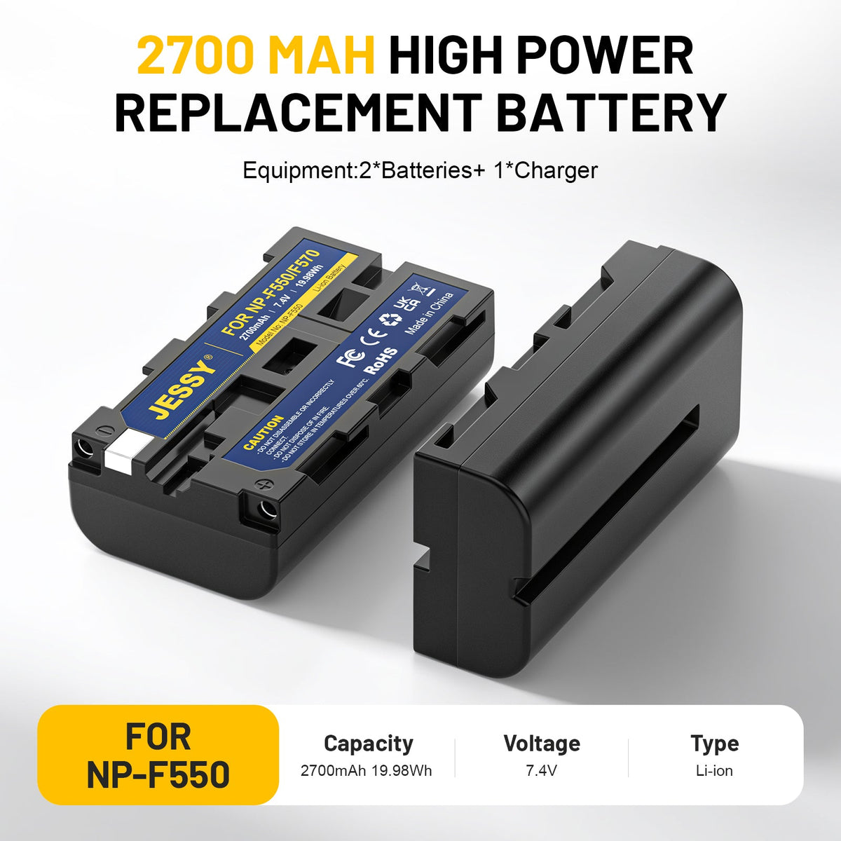 JESSY NP-F550 Battery Kit – 2-Pack Rechargeable Batteries with Wall Charger for Sony Cameras & LED Lights - JESSY Battery